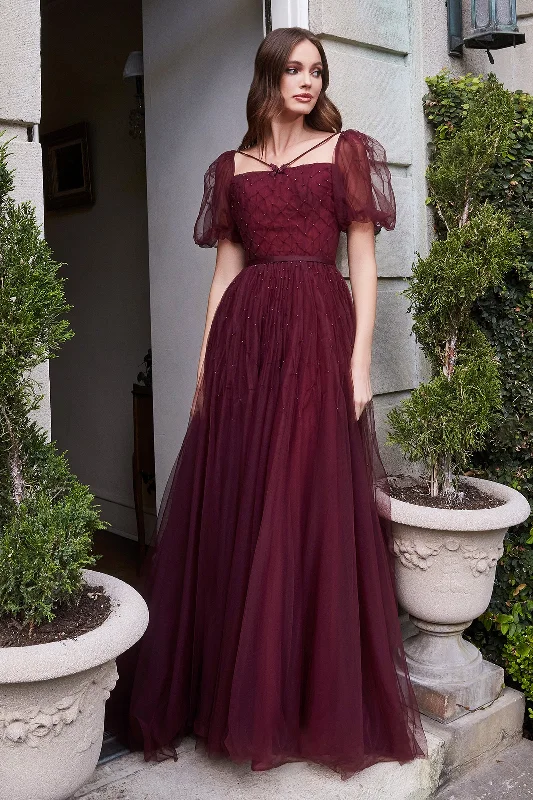 Maroon Puff Sleeve Gown by Cinderella Divine B712