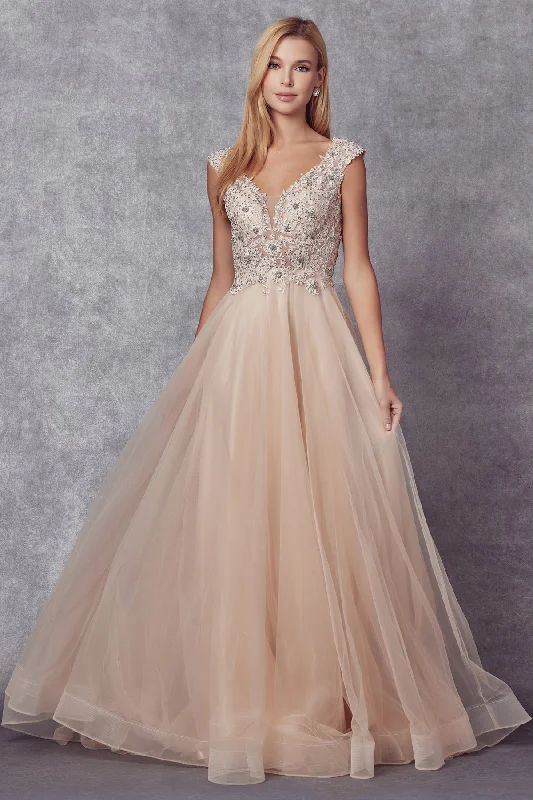 Embroidered Cap Sleeve Tulle Gown by Juliet 684