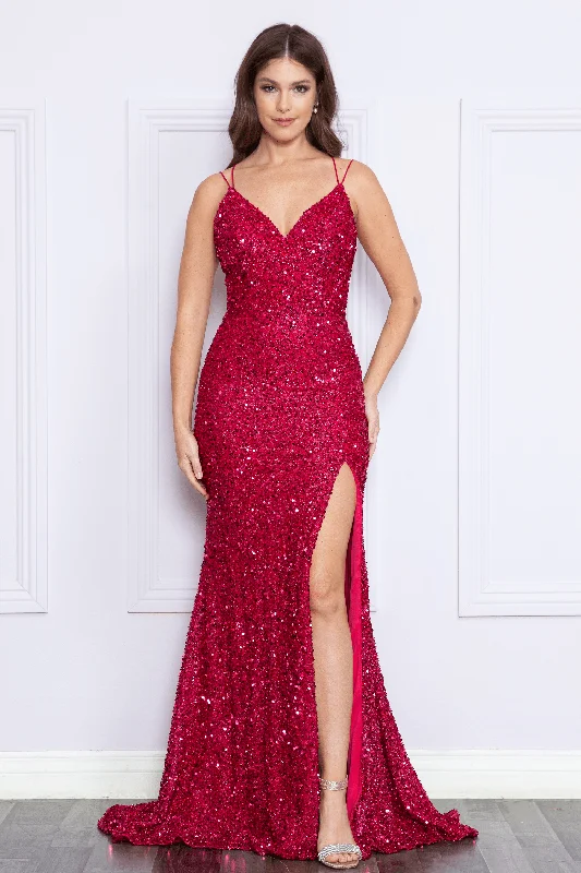 Fitted V-Neck Sequin Slit Gown by Poly USA 9102