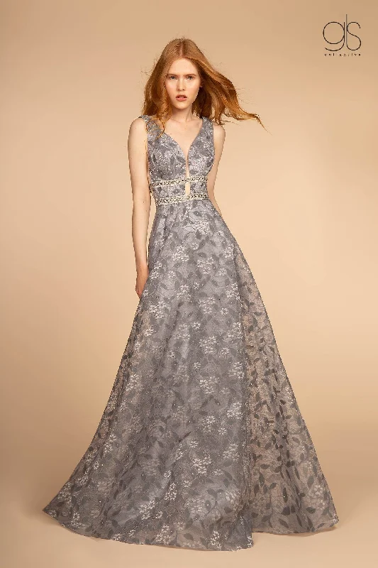 Floral Lace Long Illusion V-Neck Dress by Elizabeth K GL2580