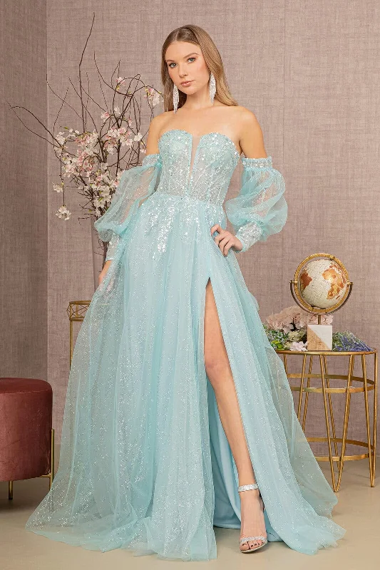 Glitter Puff Sleeve Slit Gown by GLS Gloria GL3118