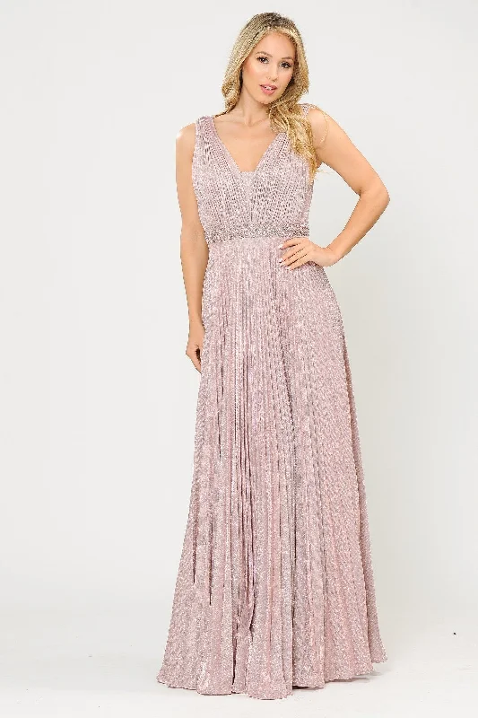 Long A-line Ruched Metallic Glitter Dress by Poly USA 8600