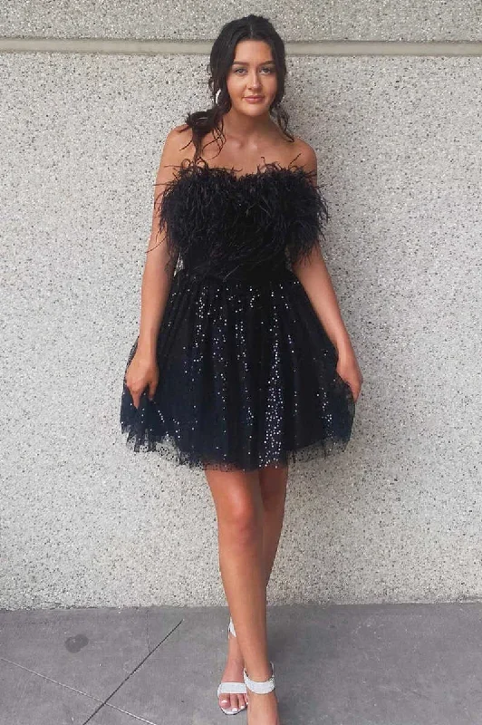 a-line-black-sequin-feather-short-party-dress