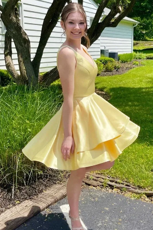 A-Line Yellow V-Neck Short Homecoming Dress