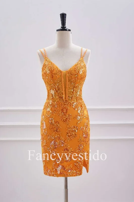 Double Straps Orange Sequin Appliques Short Homecoming Dress