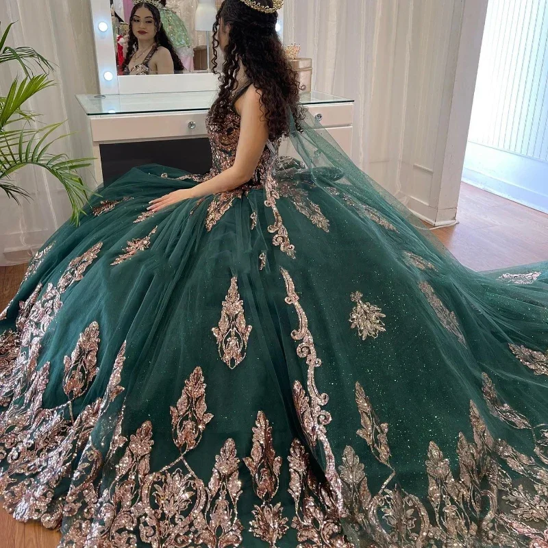 emerald-green-quinceanera-dresses-for-16-girl-v-neck-off-the-shoulder-gold-appliques-beads-with-cape-princess-ball-gowns-birthda