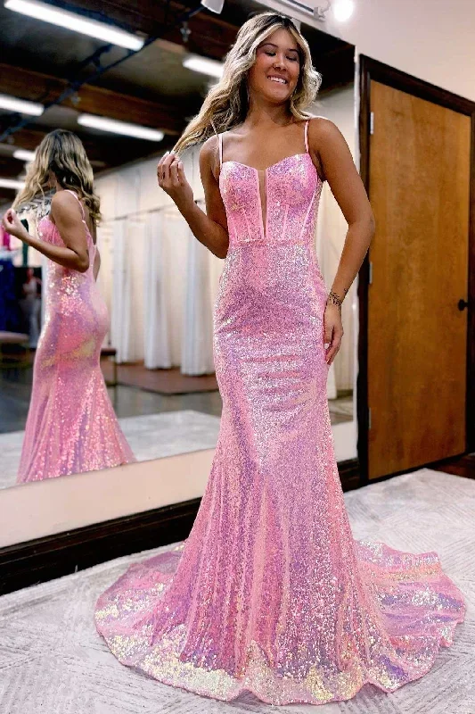 Iridescent Pink Scoop Neck Straps Trumpet Long Prom Dress