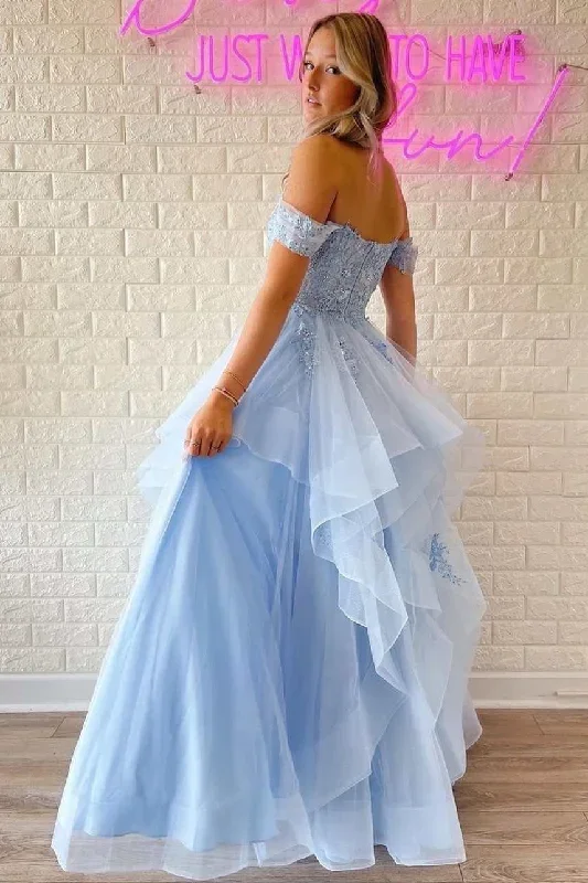 light-blue-lace-off-the-shoulder-a-line-tiered-prom-dress