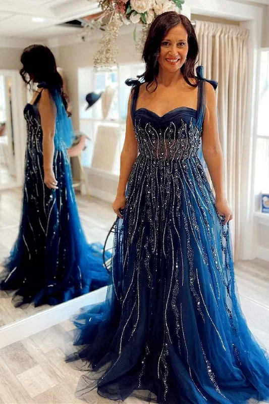 Navy Blue Beaded Sweetheart Tie-Strap A-Line Prom Dress