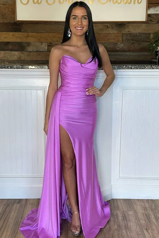 neon-pink-strapless-ruched-long-prom-dress-with-attached-train