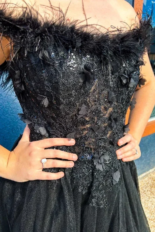 off-the-shoulder-black-feathers-long-prom-dress-with-slit