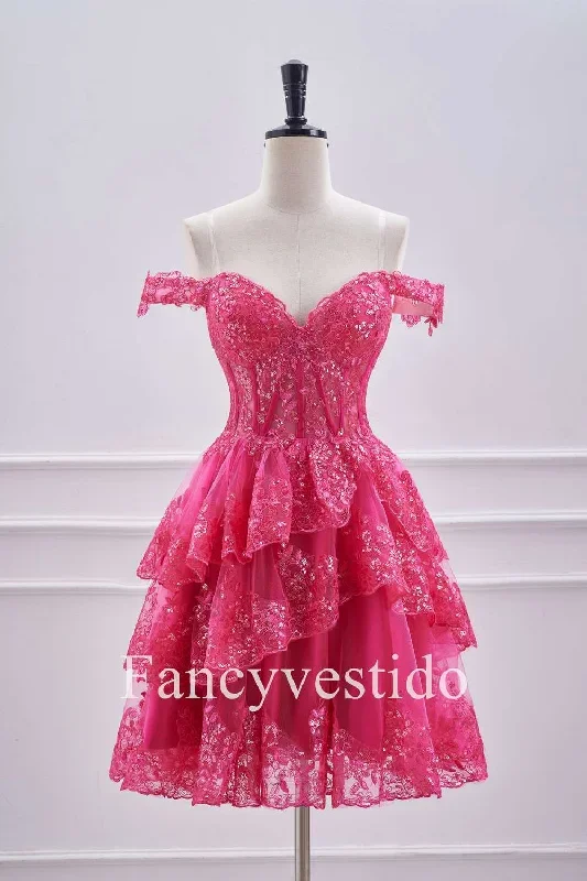 Off the Shoulder Fuchsia Corset Tiered A-Line Short Homecoming Dress