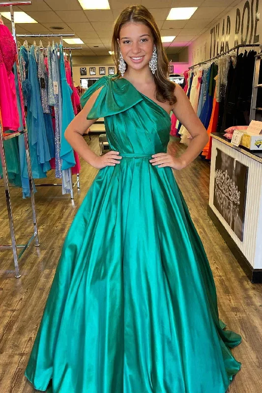 One Shoulder Bow Tie Emerald Green Long Prom Dress