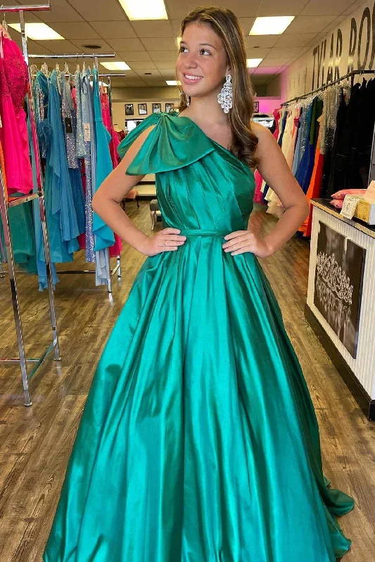 one-shoulder-bow-tie-emerald-green-long-prom-dress