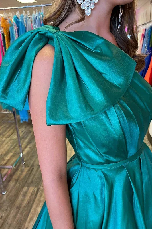 one-shoulder-bow-tie-emerald-green-long-prom-dress