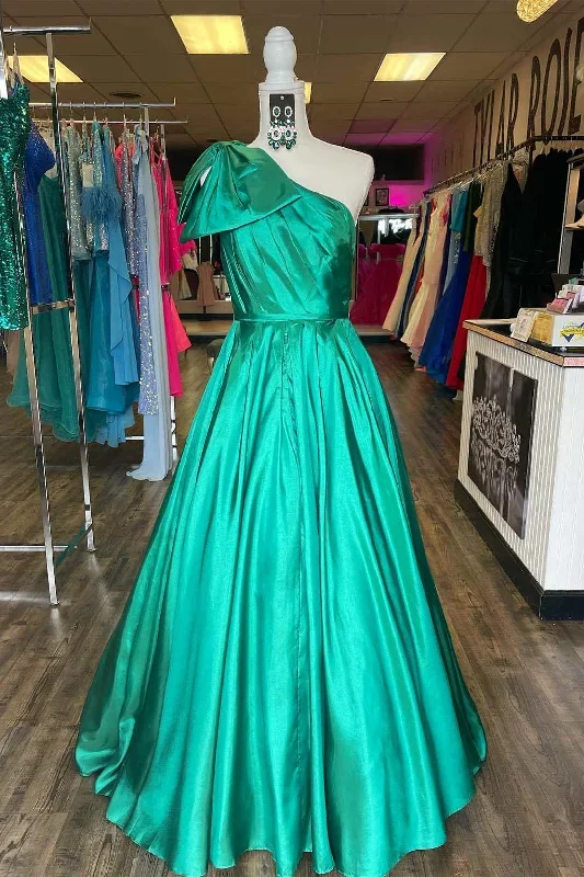 one-shoulder-bow-tie-emerald-green-long-prom-dress