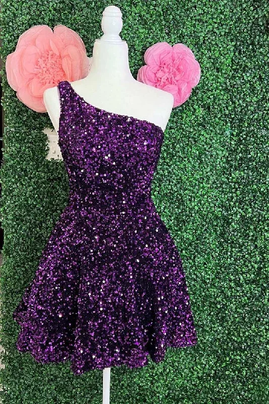 One-Shoulder Purple Sequins A-Line Short Homecoming Dress