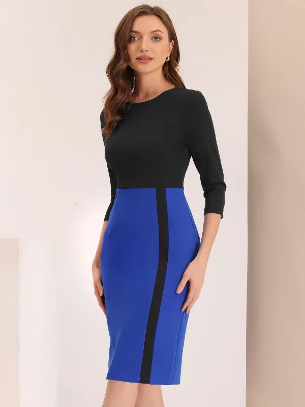 Pencil Round Neck 3/4 Sleeve Contrast Office Sheath Dress