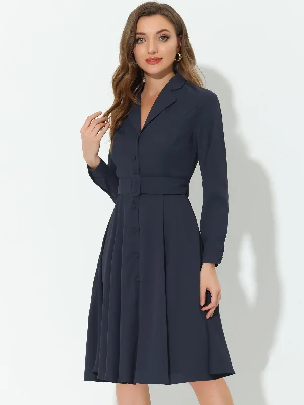 Lapel Collar Long Sleeve Belted Button Down Knee Length Dress