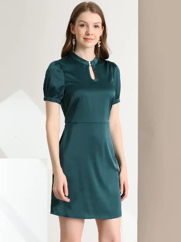 Elegant Choker Neck Belt Waist Short Sleeves Satin Mini Dress