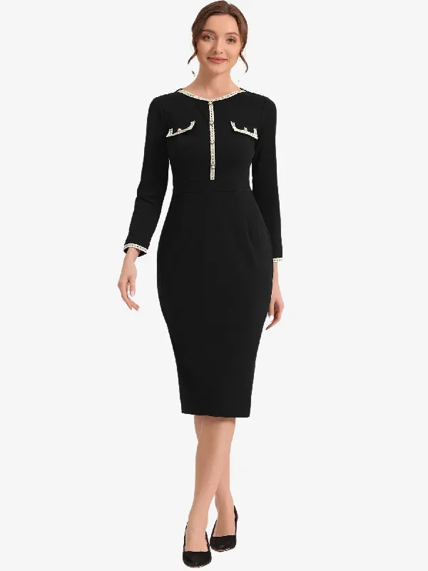 Long Sleeve Crew Neck Knee Length Pencil Sheath Midi Dress