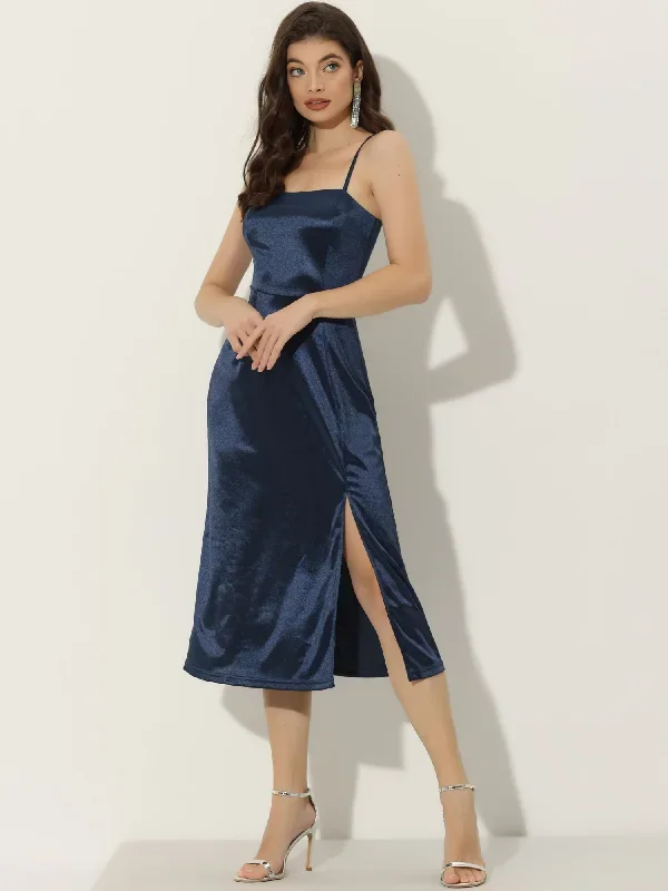 Satin Sleeveless Spaghetti Strap Slit Hem Cocktail Party Cami Dress