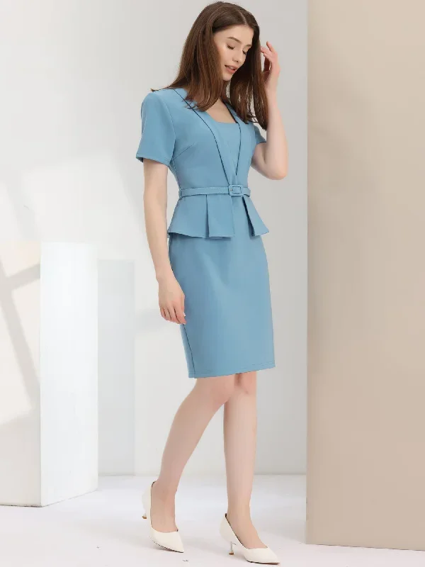 Vintage Belt V-Neck Faux Two Piece Casual Short Sleeve Office Dress