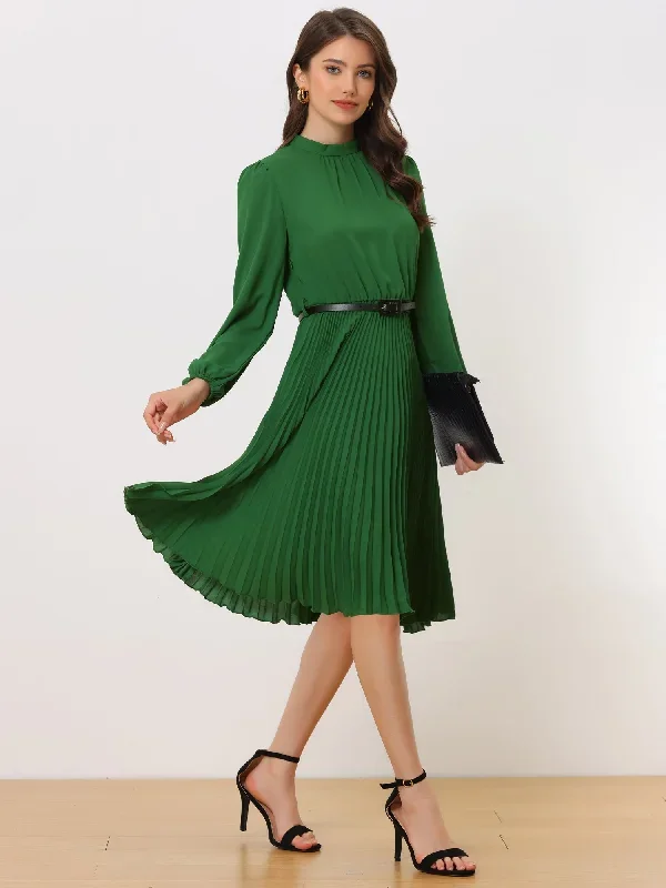 Stand Collar Long Sleeve Belted Pleated Midi Dress