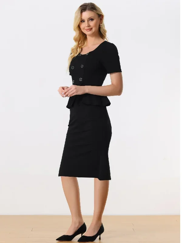 Sheath Round Neck Button Front Business Pencil Peplum Dress