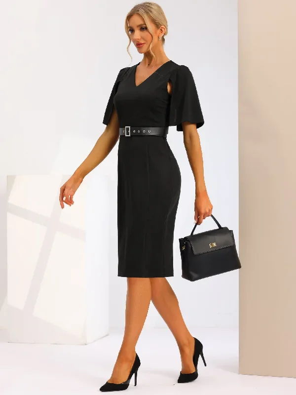 Split Short Sleeve V Neck Elegant Midi Belt Solid Dress