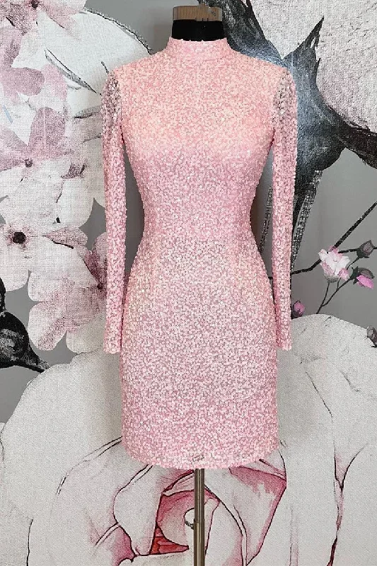 Pink Sequin Long Sleeve Backless Mini Homecoming Dress