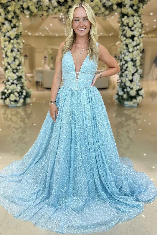 Plunging Neck Light Blue Beaded A-Line Formal Dress