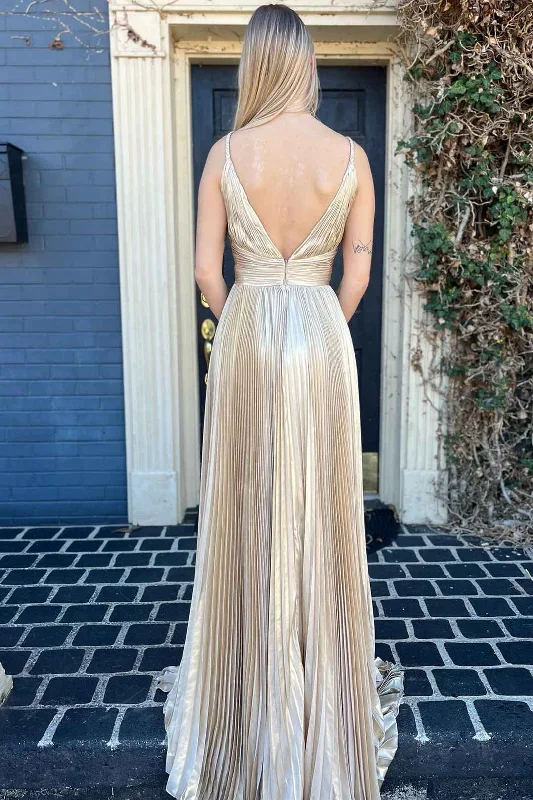 plunging-v-neck-gold-pleated-long-prom-dress