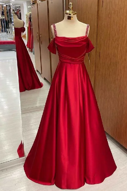 Red Satin Cold-Shoulder A-Line Prom Dress