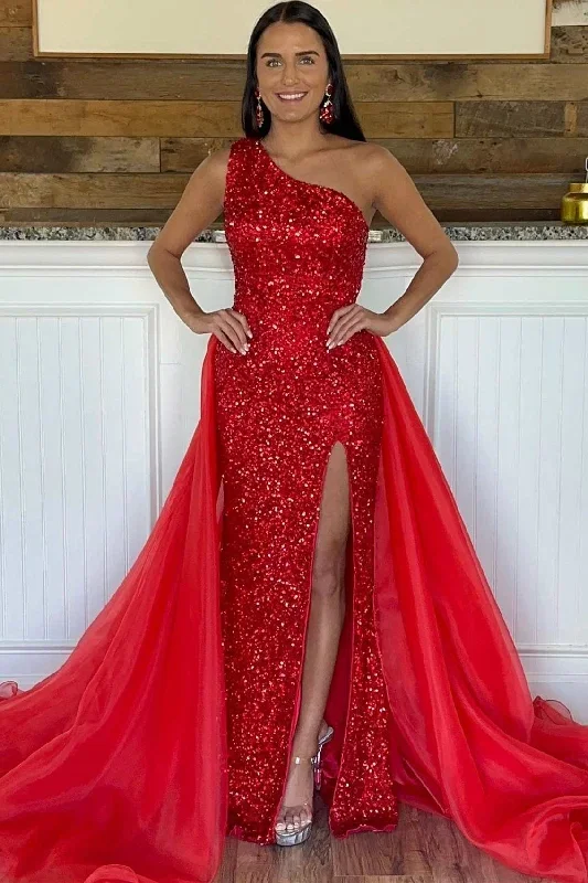 Red Sequin One-Shoulder Long Formal Dress with Attached Train