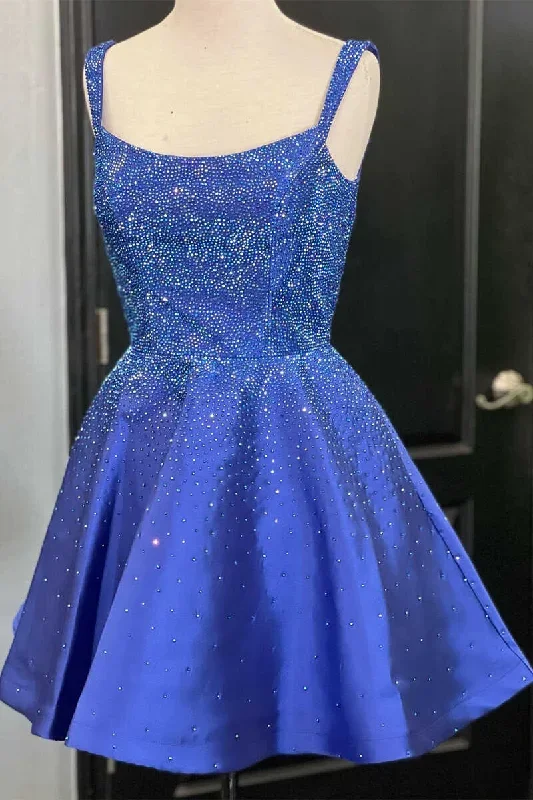 Royal Blue Beaded Square Neck A-Line Short Homecoming Dress