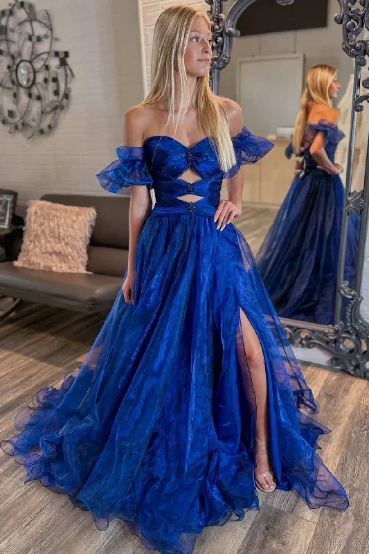 Royal Blue Strapless Keyhole Balloon Sleeves Long Prom Dress