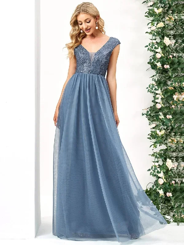 Sequin Illusion Plunging V-Neckline Sleeveless A-Line Tulle Evening Dress