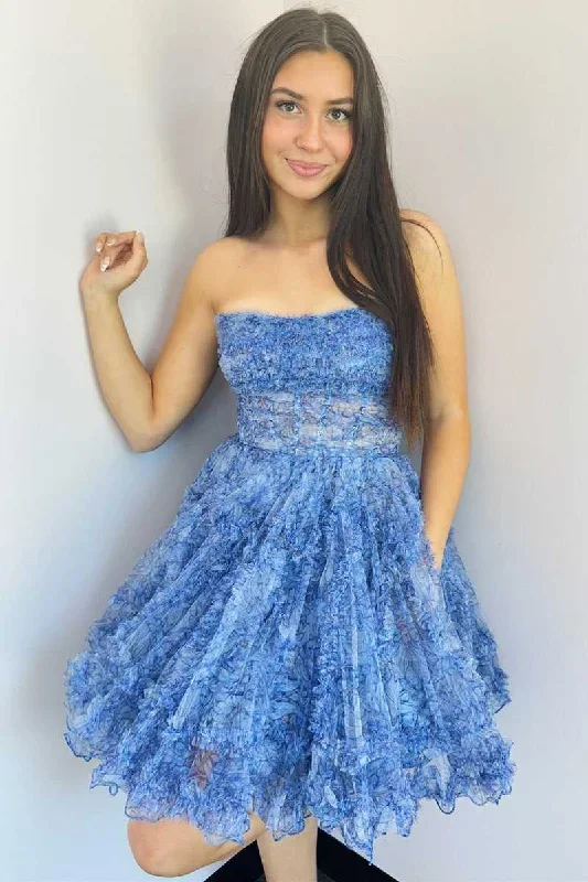 strapless-blue-floral-print-a-line-homecoming-dress-with-pockets