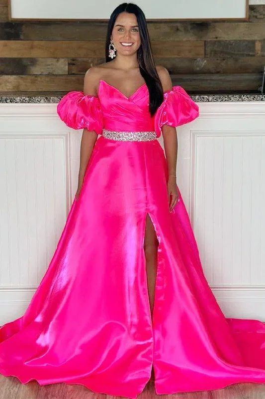 Strapless Neon Pink V-Neck Long Prom Dress with Balloon Sleeves