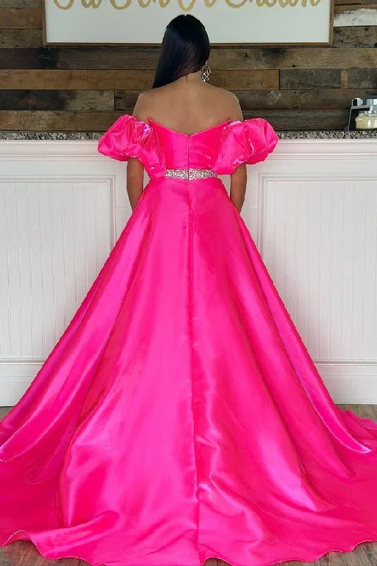 strapless-neon-pink-v-neck-long-prom-dress-with-balloon-sleeves