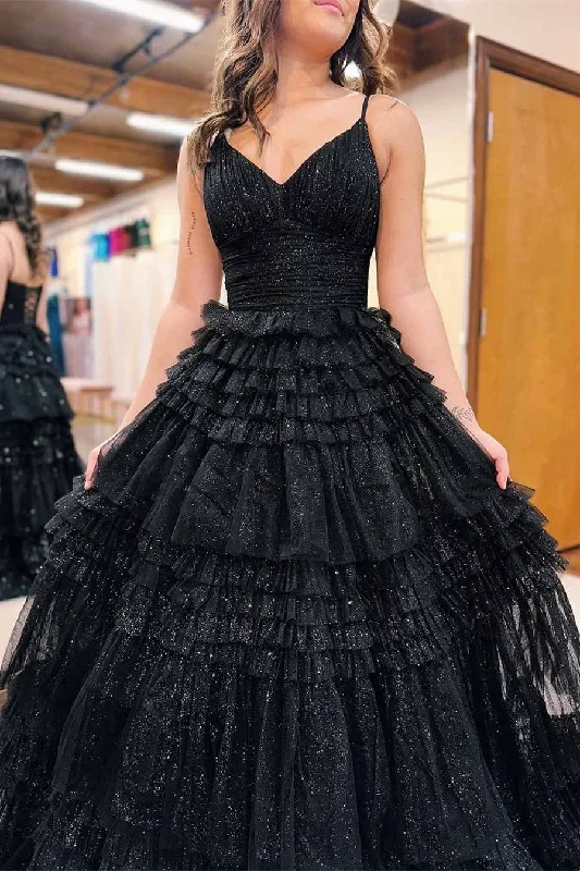 straps-black-v-neck-pleasted-tiered-long-prom-dress