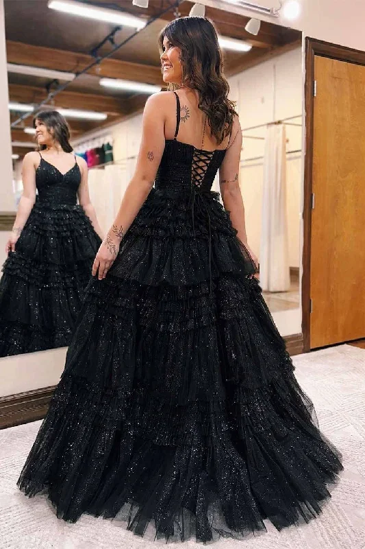 straps-black-v-neck-pleasted-tiered-long-prom-dress