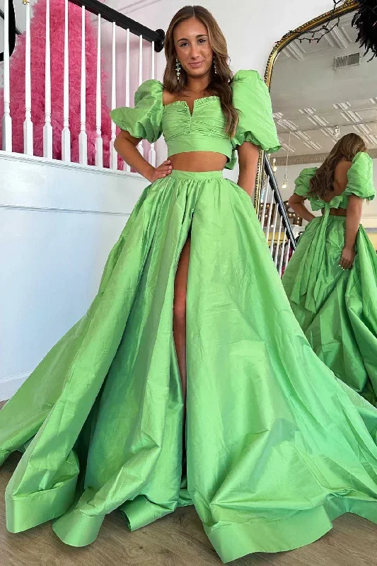 two-piece-green-balloon-sleeves-long-prom-dress-with-slit