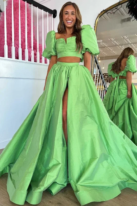 two-piece-green-balloon-sleeves-long-prom-dress-with-slit