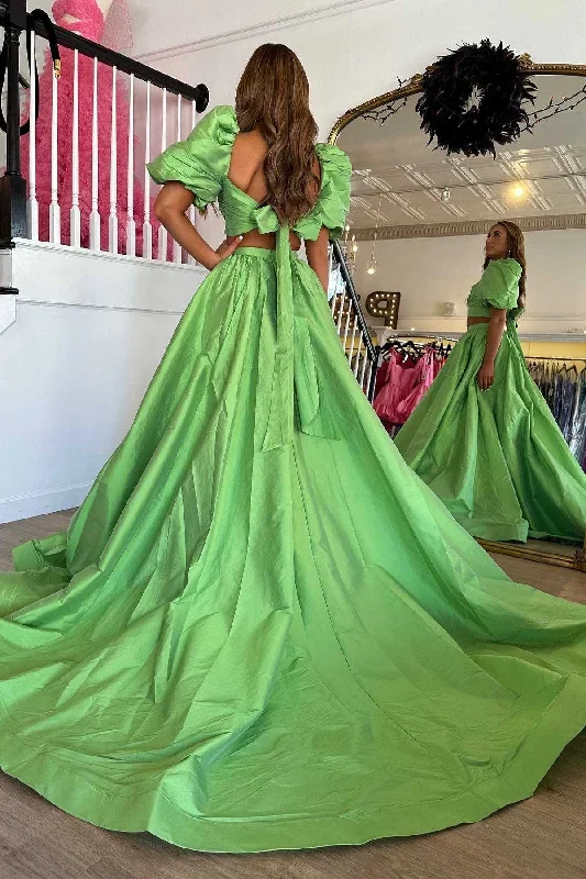 two-piece-green-balloon-sleeves-long-prom-dress-with-slit