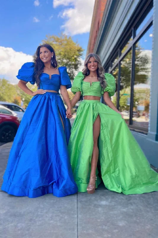 two-piece-green-balloon-sleeves-long-prom-dress-with-slit