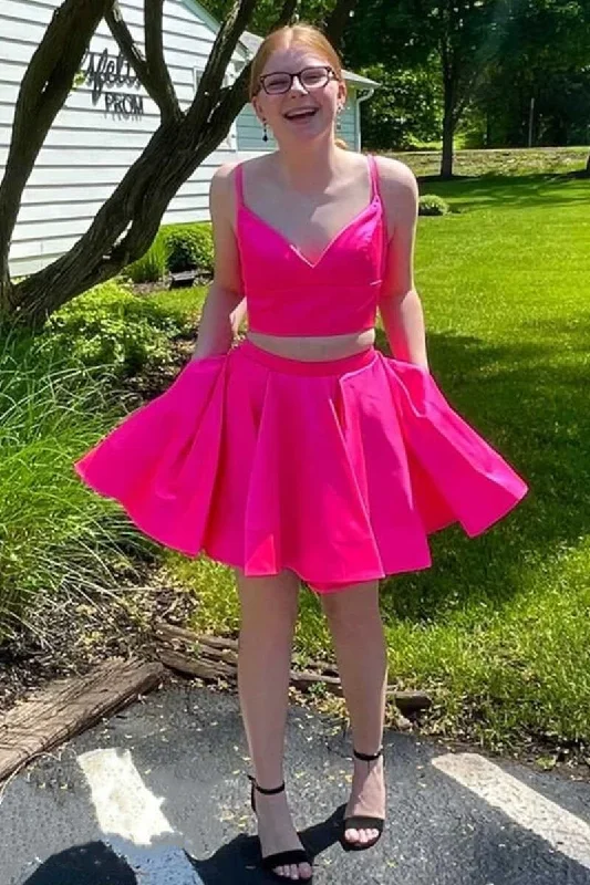 Two-Piece Neon Pink V-Neck A-Line Short Homecoming Dress